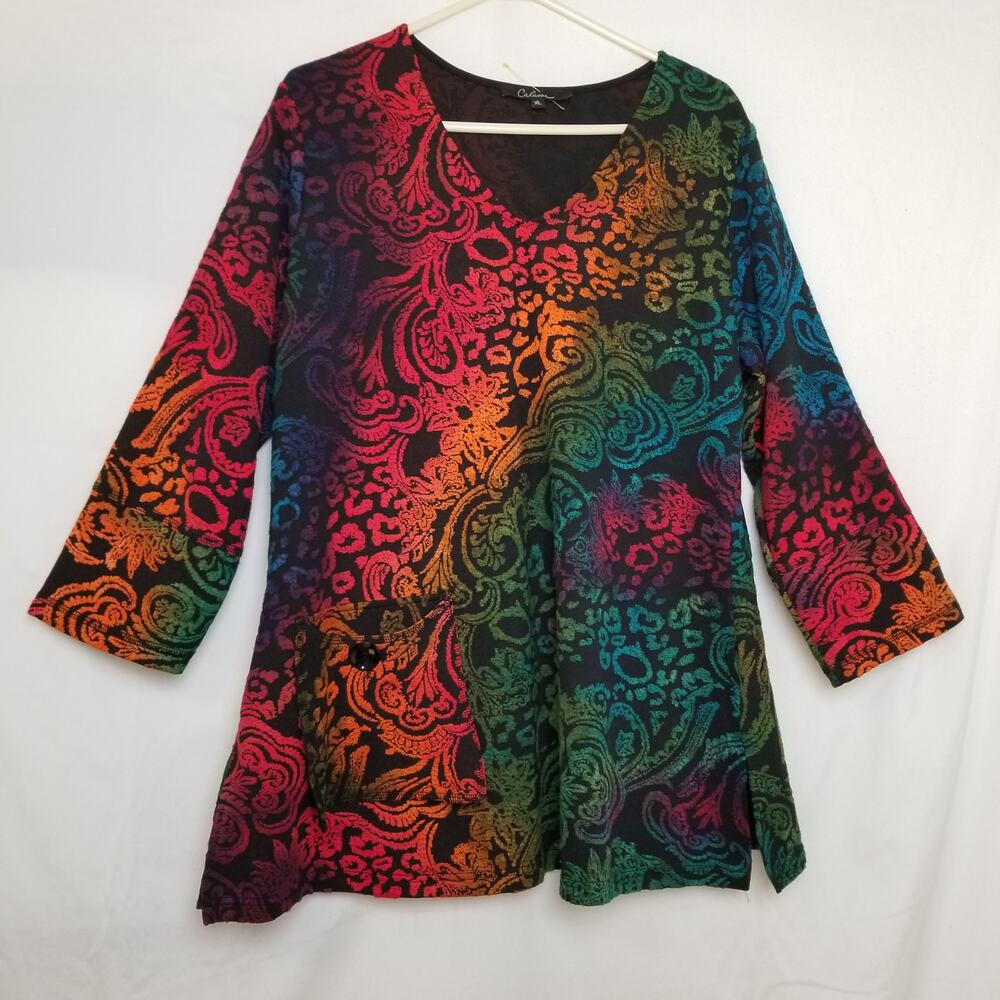Caleoas Women's Colorful Art To Wear Burnout Top Blouse V-Neck Long Slv Size 1X